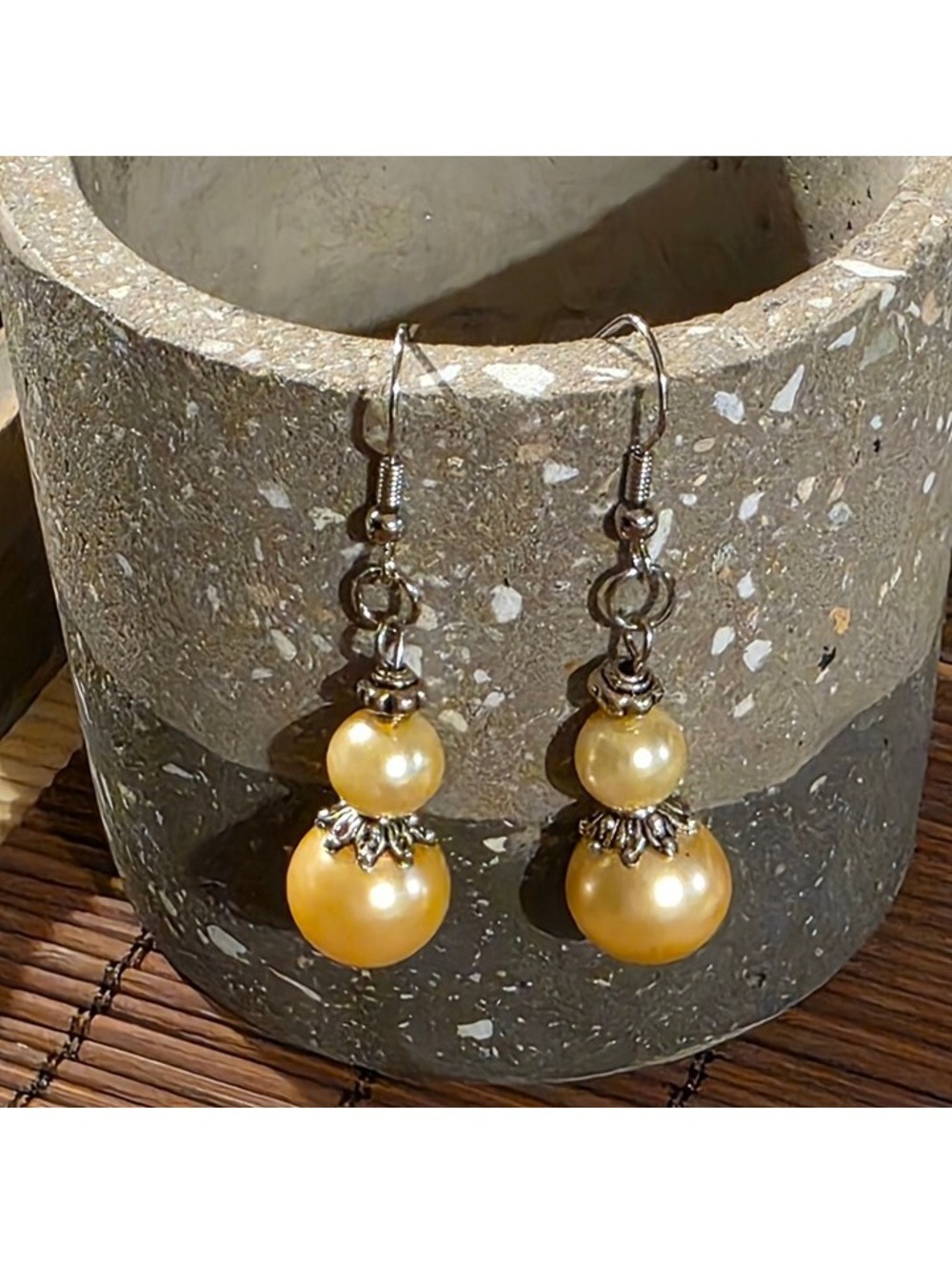 Handcrafted Light Champagne Yellow Antiqued Silver Glass Pearl Drop Earrings